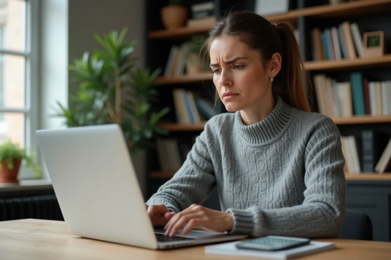 Femme inquiète consultant son interface bancaire en ligne sur un ordinateur portable, illustrant les risques de sécurité des paiements sans 3D Secure