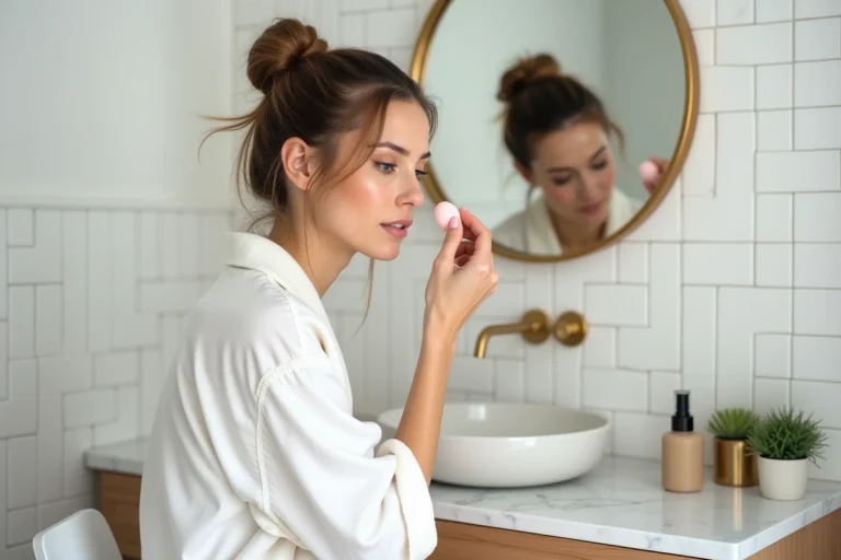 Femme appliquant du fond de teint devant un miroir dans une salle de bain épurée, routine beauté quotidienne