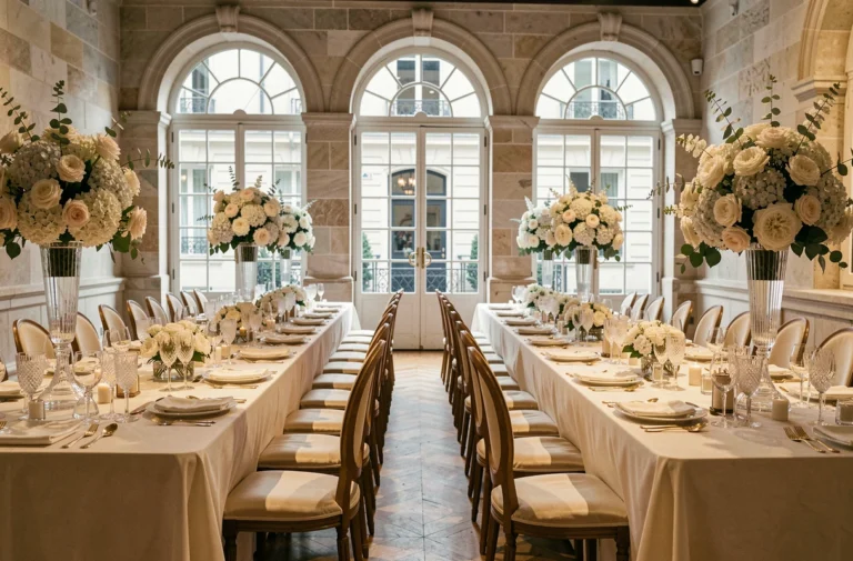 Salle de réception de mariage élégante décorée de fleurs blanches et de nappes ivoire dans un cadre parisien