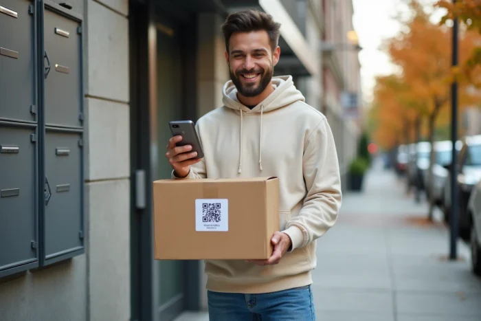 Jeune homme scannant le QR code d'un colis livré devant son immeuble en ville