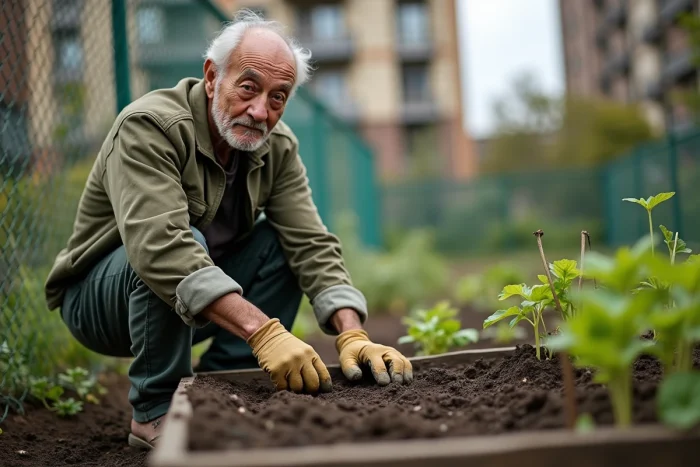 Homme âgé jardinant avec soin dans un jardin communautaire urbain, expression de fierté et de sérénité