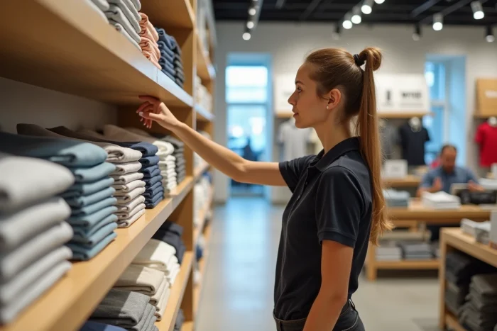 Femme comparant des polos et vêtements de sport dans un magasin de prêt-à-porter, symbolisant le choix entre les marques concurrentes de Lacoste