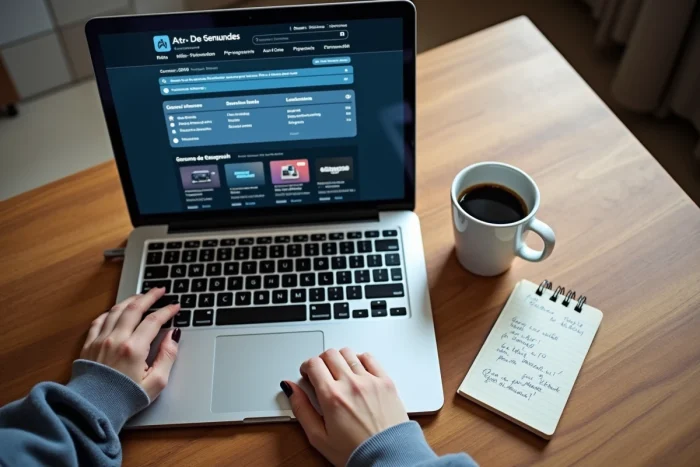 Gros plan d'un ordinateur portable affichant un site de torrent français avec une tasse de café sur une table en bois