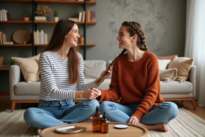 Deux femmes partageant un moment de coiffure convivial dans un salon cosy, tendances beauté et soin des cheveux entre amies