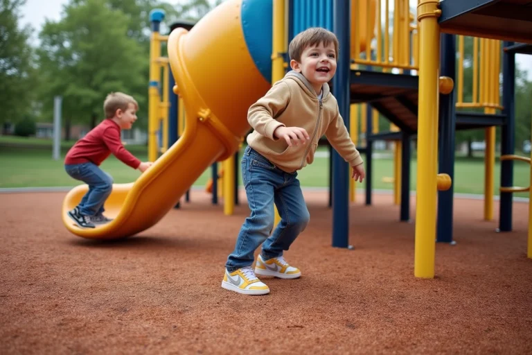 Aire de jeux moderne avec sol amortissant en caoutchouc recyclé et enfants jouant en toute sécurité