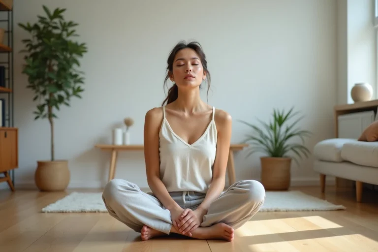 Femme assise en méditation dans un salon épuré, symbolisant la sérénité et la lutte contre la surcharge mentale