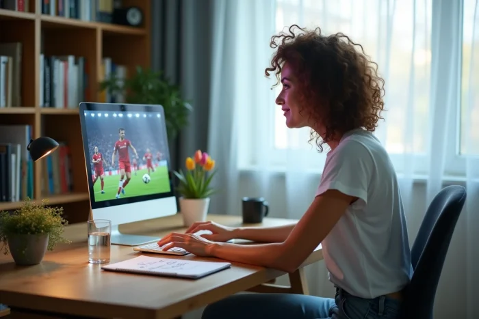 Femme regardant un match de football en streaming sur son ordinateur portable dans un bureau à domicile