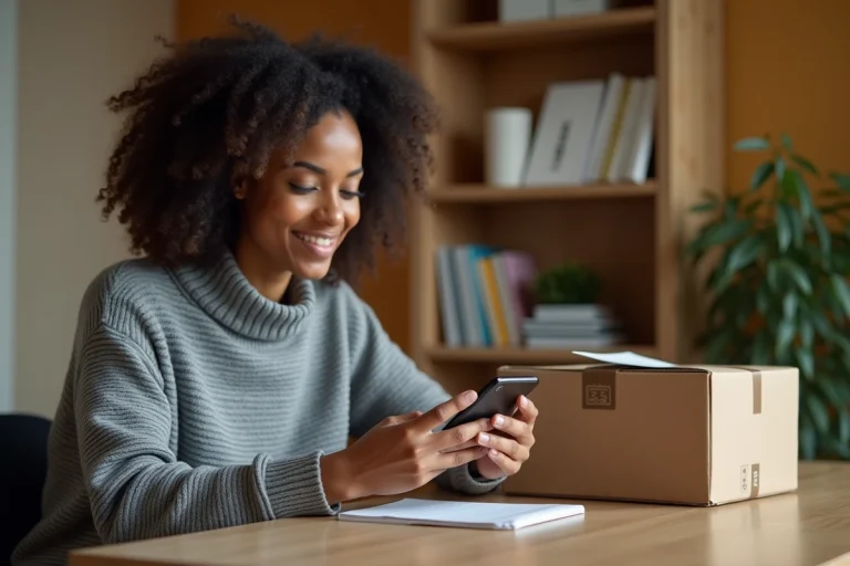 Femme consultant le suivi de colis sur smartphone avec un colis posé sur son bureau à domicile
