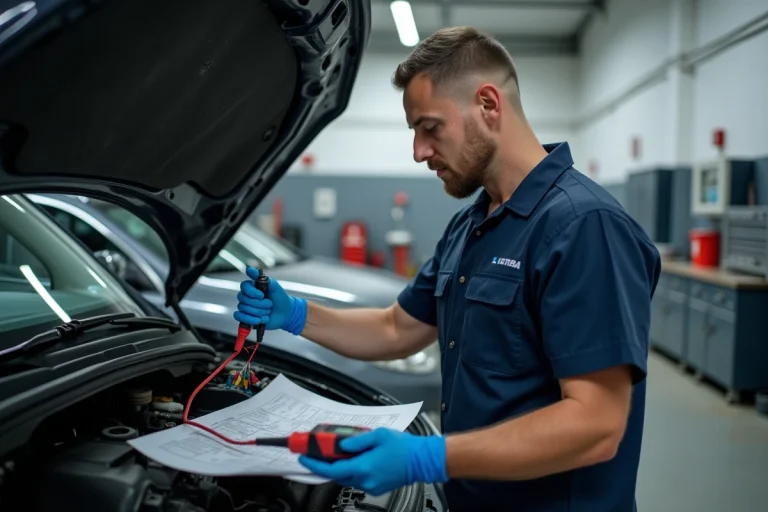 Technicien automobile inspectant un boîtier BPGA ouvert avec un multimètre et un schéma électrique dans un atelier