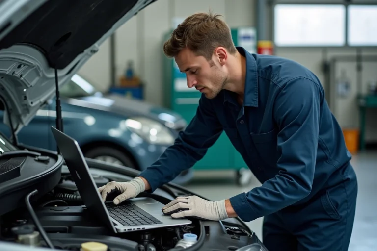 Technicien automobile connectant un ordinateur portable au port OBD d'une voiture pour une reprogrammation moteur en atelier