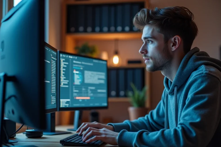 Homme utilisant un ordinateur avec plusieurs écrans affichant des téléchargements de fichiers en 2024
