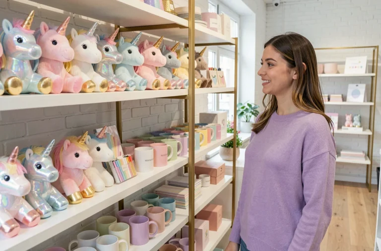 Jeune femme découvrant une collection de produits licorne tendance dans une boutique lifestyle moderne aux étagères en bois blanc