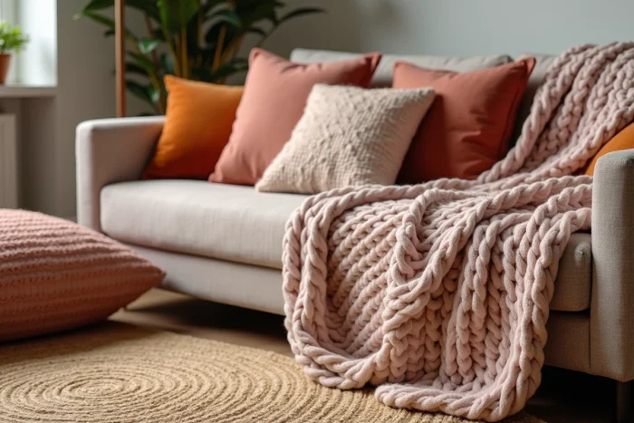 Superposition de textiles en laine, velours, jute et bouclé sur un canapé de salon moderne