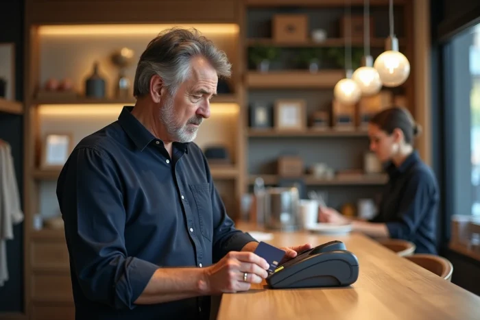 Homme tenant une carte bancaire devant un terminal de paiement sans authentification forte, représentant les failles de sécurité des transactions non vérifiées