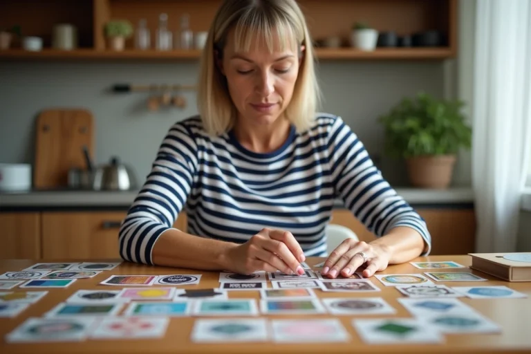 Femme triant des vignettes Armor Lux Intermarché en double sur une table en bois dans une cuisine chaleureuse