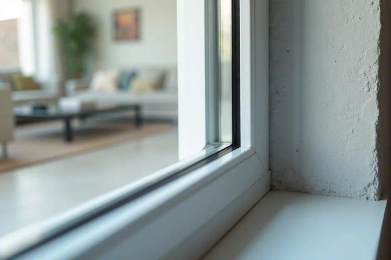 Gros plan sur le cadre d'un verre dormant en PVC avec double vitrage dans une cloison intérieure moderne