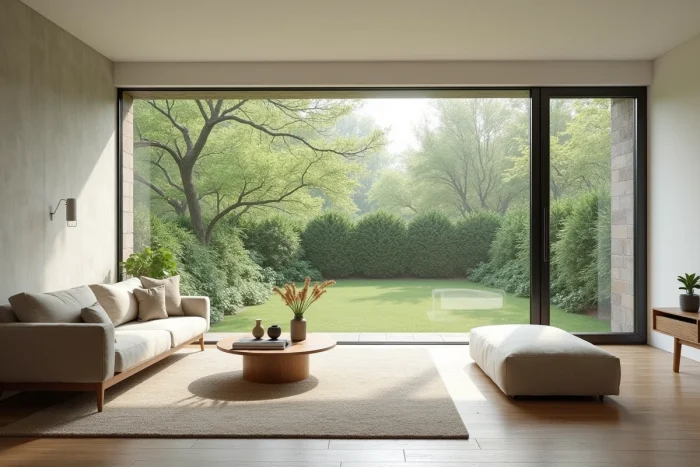 Salon scandinave avec une grande fenêtre fixe type verre dormant donnant sur un jardin verdoyant