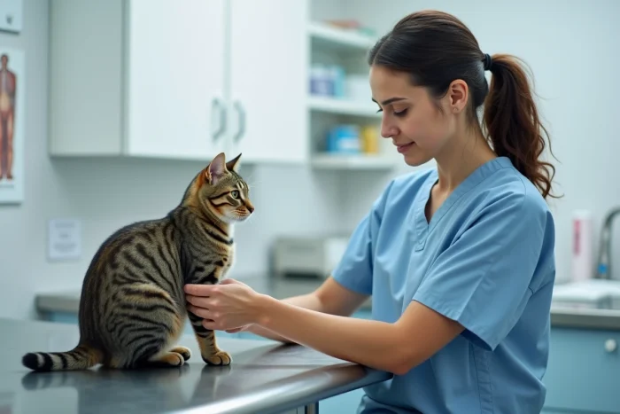 Vétérinaire femme examinant un chat tigré sur une table d'examen dans une clinique moderne