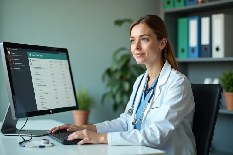 Vétérinaire utilisant le logiciel de gestion GMVET sur son ordinateur de bureau dans une clinique vétérinaire
