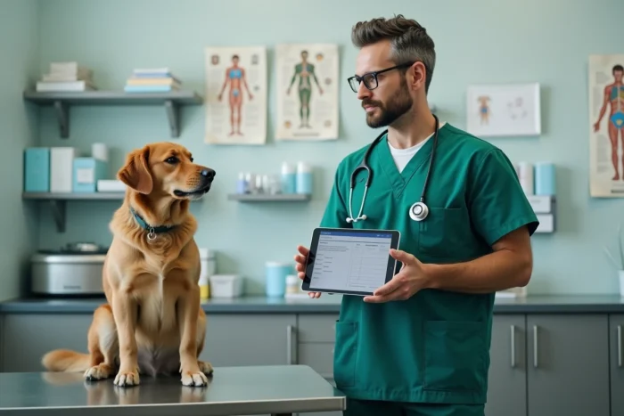 Vétérinaire consultant un dossier patient numérique sur tablette avec un chien en salle d'examen