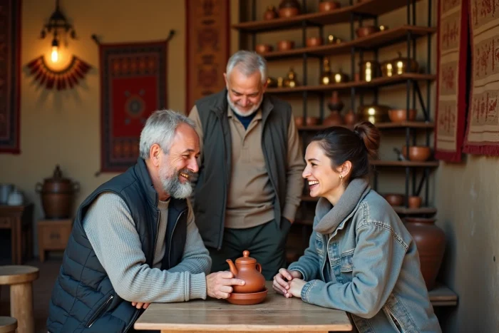 Deux voyageurs partageant le thé avec un hôte local dans un salon de thé rustique d'Asie centrale