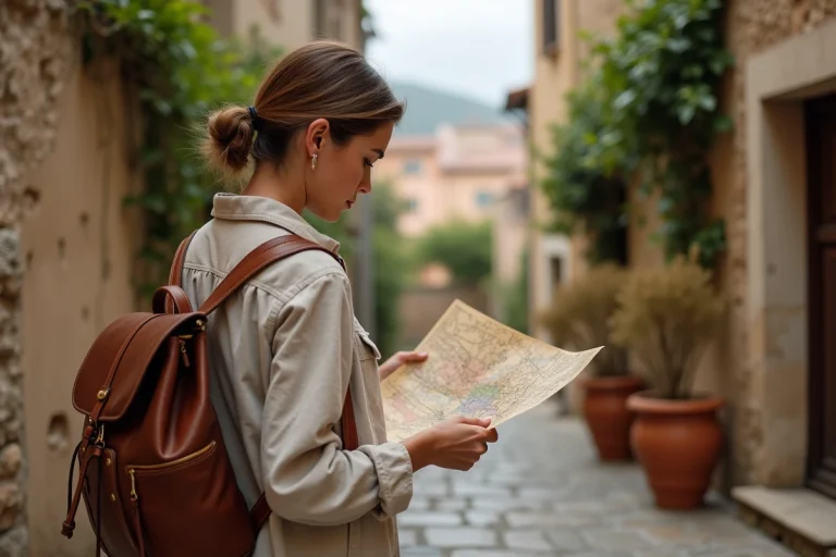 Voyageuse consultant une carte papier dans une ruelle pavée d'un village méditerranéen